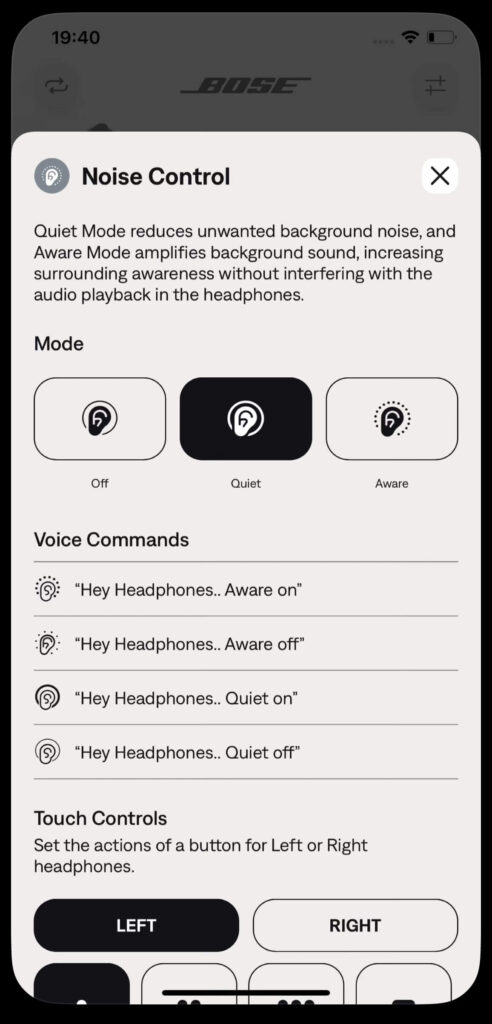 Screenshot of the Noise Control settings for Bose QuietComfort Earbuds on an iPhone. The options displayed are Off, Quiet, and Aware modes, with the Quiet mode selected. Voice commands like “Hey Headphones… Quiet on” are listed, along with Touch Control options for left and right headphones.