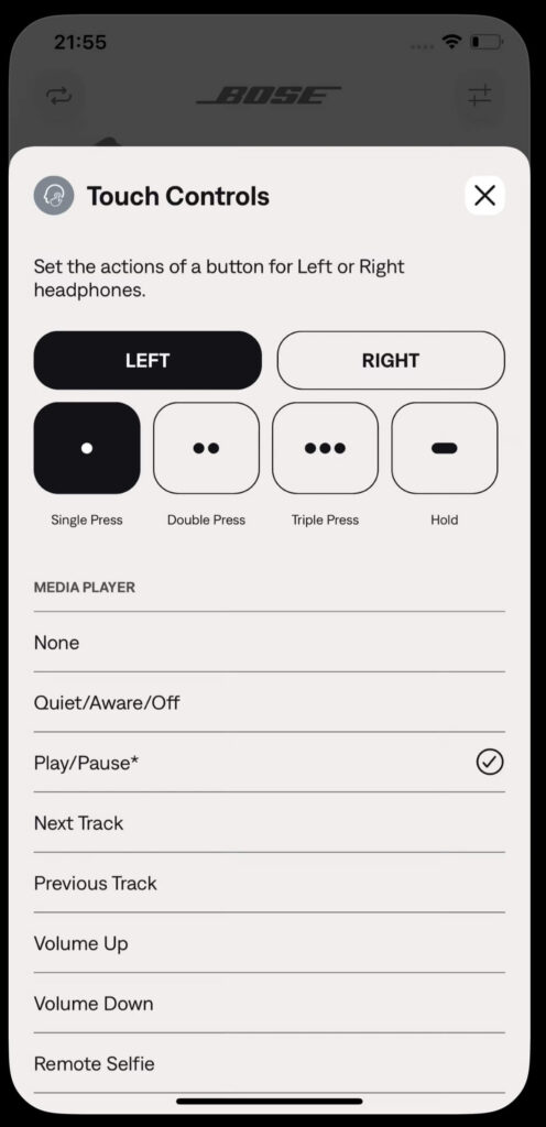 Screenshot of Touch Controls customization settings for Bose QuietComfort Earbuds on an iPhone. The screen shows options for single, double, and triple press actions, including Play/Pause, Next Track, Previous Track, Volume Up, Volume Down, and Remote Selfie.