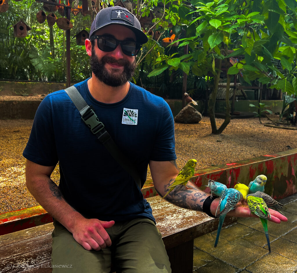 A man smiling and seated at Langkawi Wildlife Park, holding multiple colorful parakeets on his hand and arm. He is wearing sunglasses, a hat, and a dark blue shirt with a Langkawi Wildlife Park sticker. The background features greenery, birdhouses, and an outdoor enclosure area.