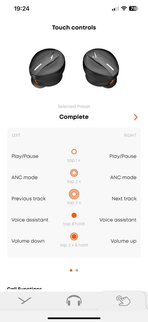 A mobile app screen showing touch control settings for Beyerdynamic Free BYRD earbuds. Users can customize controls for play/pause, ANC mode, previous and next track, voice assistant activation, and volume up/down for left and right earbuds.