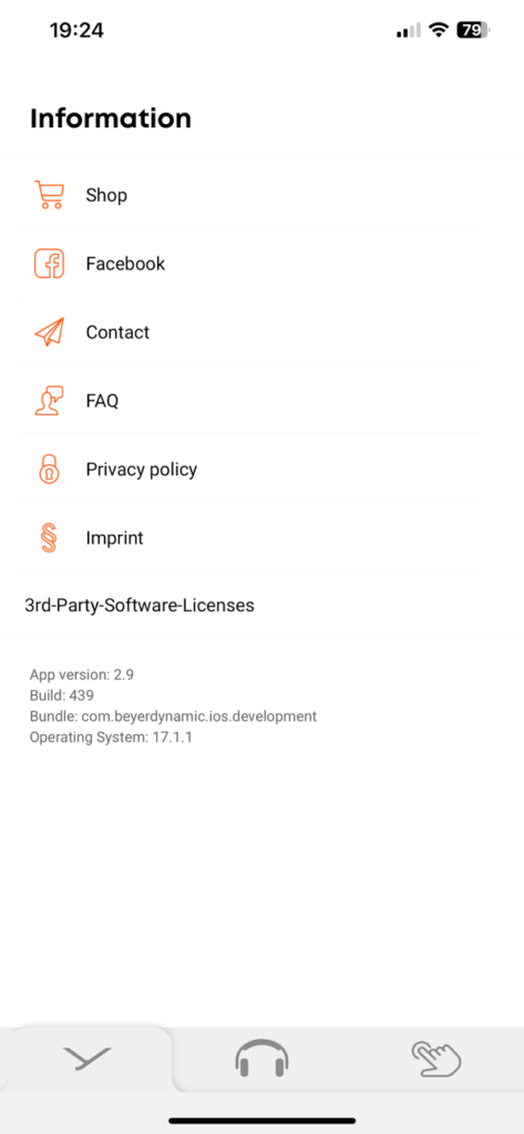 A mobile app screen displaying the “Information” menu in the Beyerdynamic MIY app. It lists options such as Shop, Facebook, Contact, FAQ, Privacy policy, and Imprint, along with app version and system details.