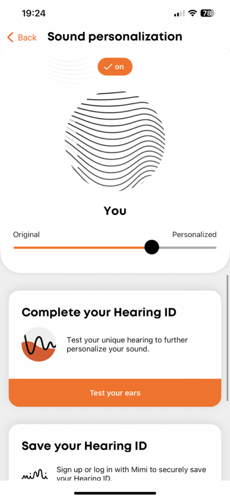 A mobile app interface showing a sound personalization feature. A slider allows users to adjust between original and personalized audio profiles, with options to test and save their hearing ID.