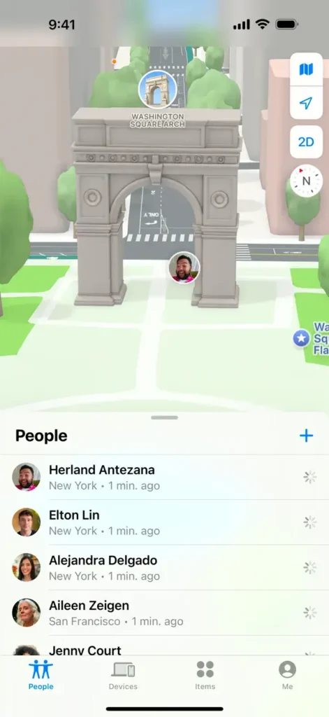 A 3D map view of Washington Square Arch in New York City displayed on the Find My app. Several people are listed under the “People” tab with live location updates, including Herland Antezana, Elton Lin, and Alejandra Delgado.