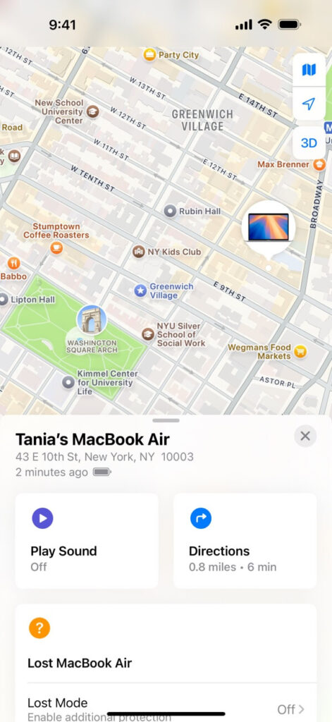 A screenshot of the Find My app showing the map of Greenwich Village, New York City. A MacBook Air named “Tania’s MacBook Air” is located near Washington Square Park. Options include “Play Sound” and “Directions” with a status update indicating the location was seen two minutes ago.