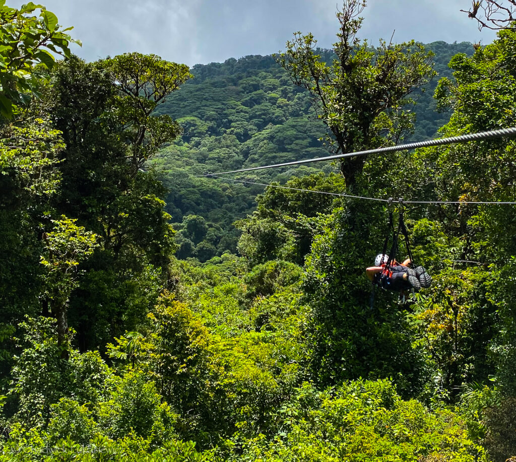 A person is riding a zipline through the dense green forest of a tropical jungle. They are suspended in a ‘Superman’ style harness, lying face down with their arms extended, soaring above the vibrant canopy. The lush trees and mountains in the background create a sense of adventure and natural beauty under a partly cloudy sky.