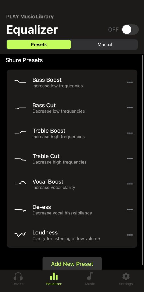 Screenshot of equalizer presets menu within a music app. Options include Bass Boost, Bass Cut, Treble Boost, Treble Cut, Vocal Boost, De-ess, and Loudness, with descriptions like increasing/decreasing frequencies and vocal clarity. A green “Add New Preset” button is visible at the bottom, and navigation icons include Device, Equalizer, Music, and Settings.