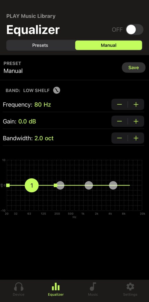 A screenshot of an equalizer interface in a music app showing manual adjustment options. Controls include frequency (80 Hz), gain (0.0 dB), and bandwidth (2.0 octaves) under a “Low Shelf” band setting. A visual graph displays the selected band highlighted with a green marker, while other bands remain gray. Navigation icons for Device, Equalizer, Music, and Settings are at the bottom of the screen.