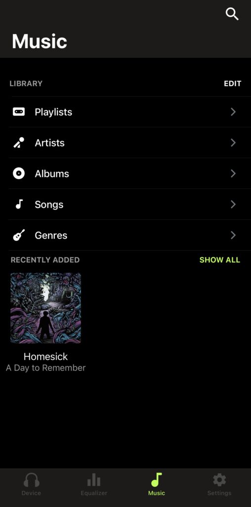 A screenshot of a music library interface in a music app. Categories listed are Playlists, Artists, Albums, Songs, and Genres. Under “Recently Added,” there is one album titled Homesick by A Day to Remember with its album art featuring an illustrated scene with a person standing amidst dark, overgrown surroundings. The navigation bar shows icons for Device, Equalizer, Music (highlighted in green), and Settings.