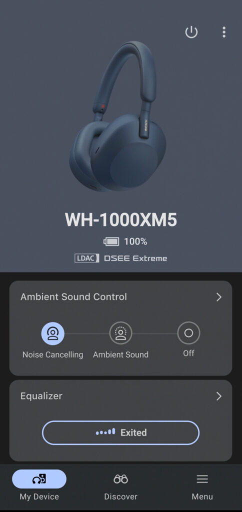 creenshot of the Sony Sound Connect app displaying the WH-1000XM5 headphones’ interface. The app shows battery percentage, ambient sound control settings including Noise Cancelling, and an Equalizer set to ‘Excited’ mode.