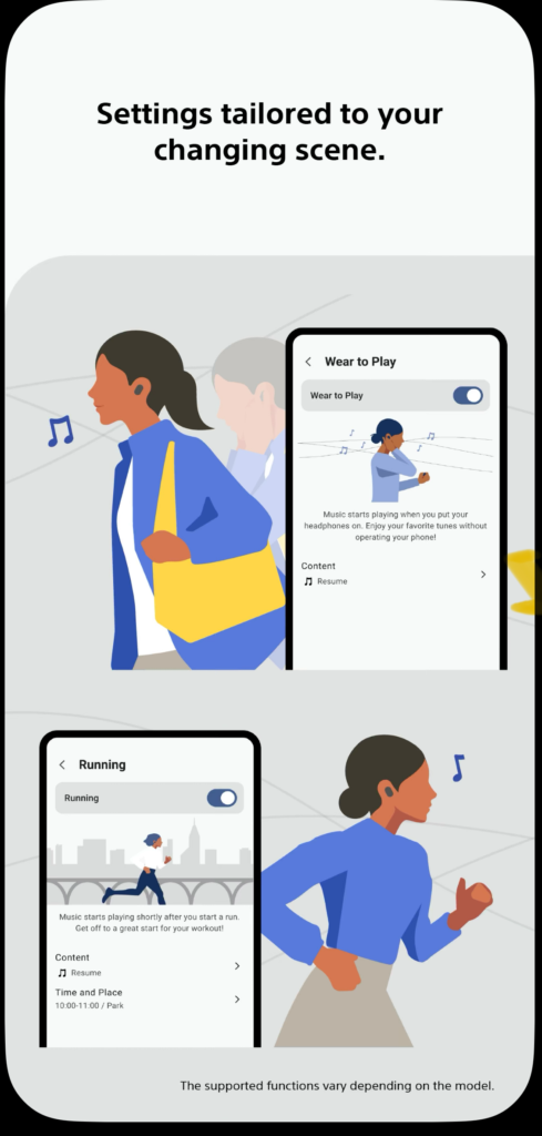 Illustration of a woman wearing headphones with a yellow bag, showcasing adaptive settings for music playback in Sony’s app. The app screen displays features like ‘Wear to Play’ and ‘Running’ modes that tailor audio playback to different activities.