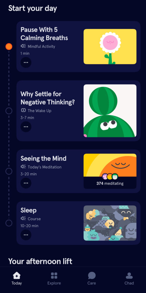 A screenshot of the Headspace app displaying a list of morning activities, including “Pause With 5 Calming Breaths” and “Seeing the Mind.” The design includes colorful cartoon-style illustrations.