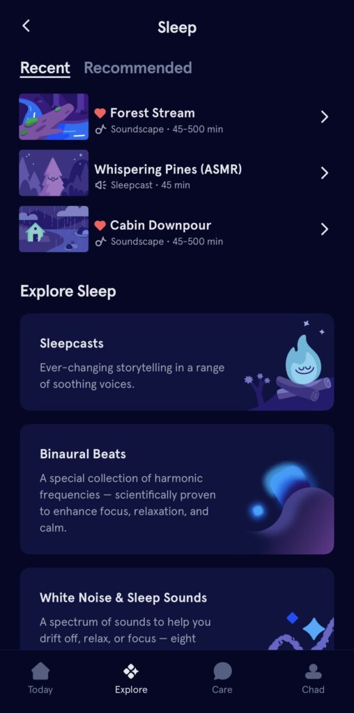 A screenshot of the Headspace app sleep section, showcasing soundscapes and sleepcasts such as “Forest Stream” and “Whispering Pines.” The interface is dark with soothing, animated graphics for each sleep aid option.