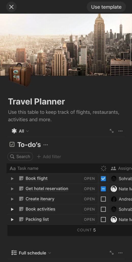 A screenshot from the Notion app featuring a “Travel Planner” template. It includes tasks such as “Book flight” and “Get hotel reservation,” with different people assigned to tasks. A banner image of a cityscape with the Empire State Building is visible at the top.