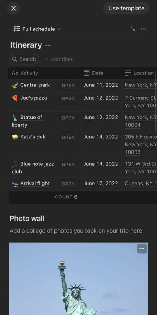 A screenshot from the Notion app, displaying an itinerary with activities like “Central Park” and “Joe’s Pizza” scheduled in New York for June 2022. The list includes icons representing various locations and a section below labeled “Photo wall” showing a photo of the Statue of Liberty.