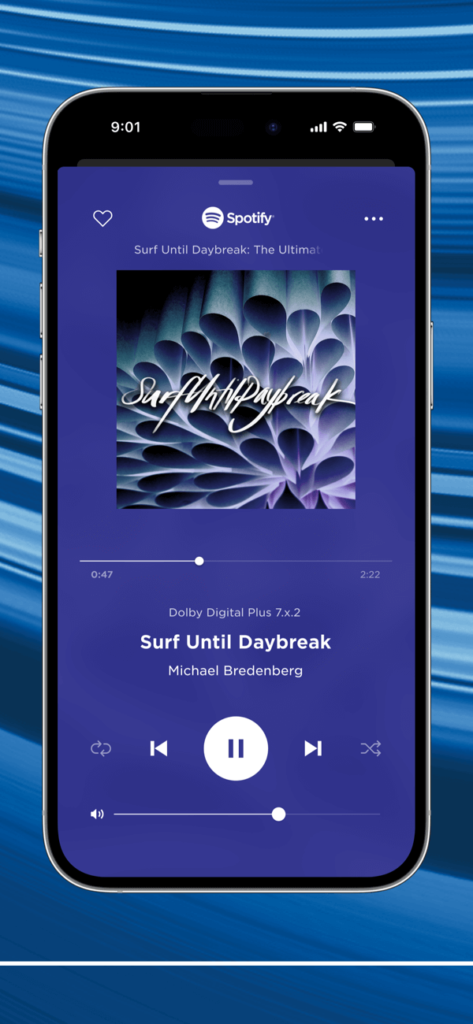 Bose app on a smartphone displaying Spotify integration. The music track “Surf Until Daybreak” by Michael Bredenberg is playing, with a sleek blue interface showing playback controls and Dolby audio details.