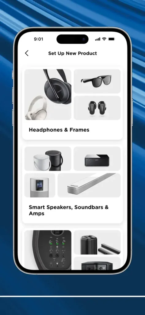 Smartphone screen showing the Bose app setup menu with product categories, including headphones, sunglasses, speakers, soundbars, and other Bose devices.