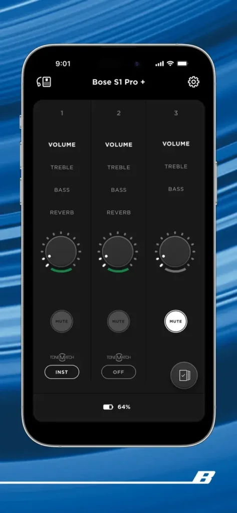 A smartphone screen displaying the Bose S1 Pro+ app interface. The app shows three customizable volume and sound control panels, each with settings for treble, bass, reverb, and mute options.