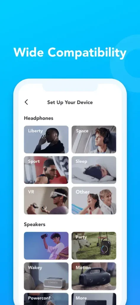 Soundcore app screen highlighting wide compatibility for devices, featuring categories like Liberty headphones, VR headsets, speakers for sport, sleep, party, and motion, displayed as tiles with corresponding images