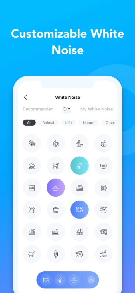 Soundcore app interface showcasing customizable white noise settings with a DIY tab. Various sound icons, including animals, nature, and daily life noises, are displayed for creating personalized white noise mixes