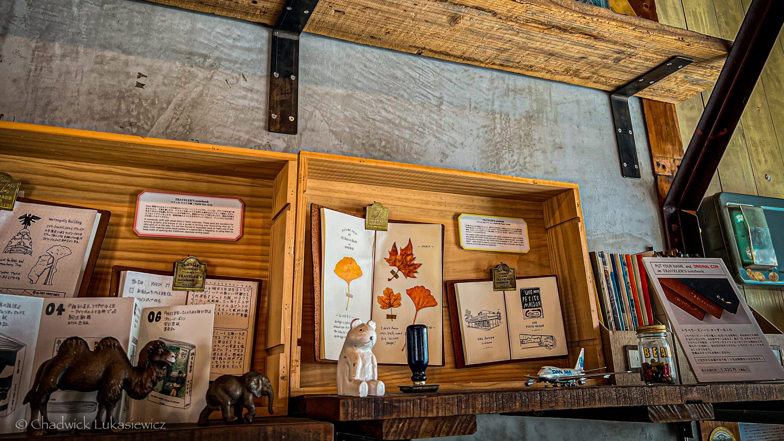 A rustic display inside a store featuring wooden crates mounted on the wall, filled with Traveler’s Notebook inserts, sketches, and memorabilia. The notebooks showcase various designs, including pressed leaves, illustrations, and handwritten notes. Below the display, there are small decorative items such as a ceramic bear, a miniature plane, and a camel figurine. Above the crates, a wooden shelf holds vintage tin containers and a weathered red jerry can. The concrete wall, wooden accents, and industrial brackets contribute to the space’s vintage, travel-inspired aesthetic.