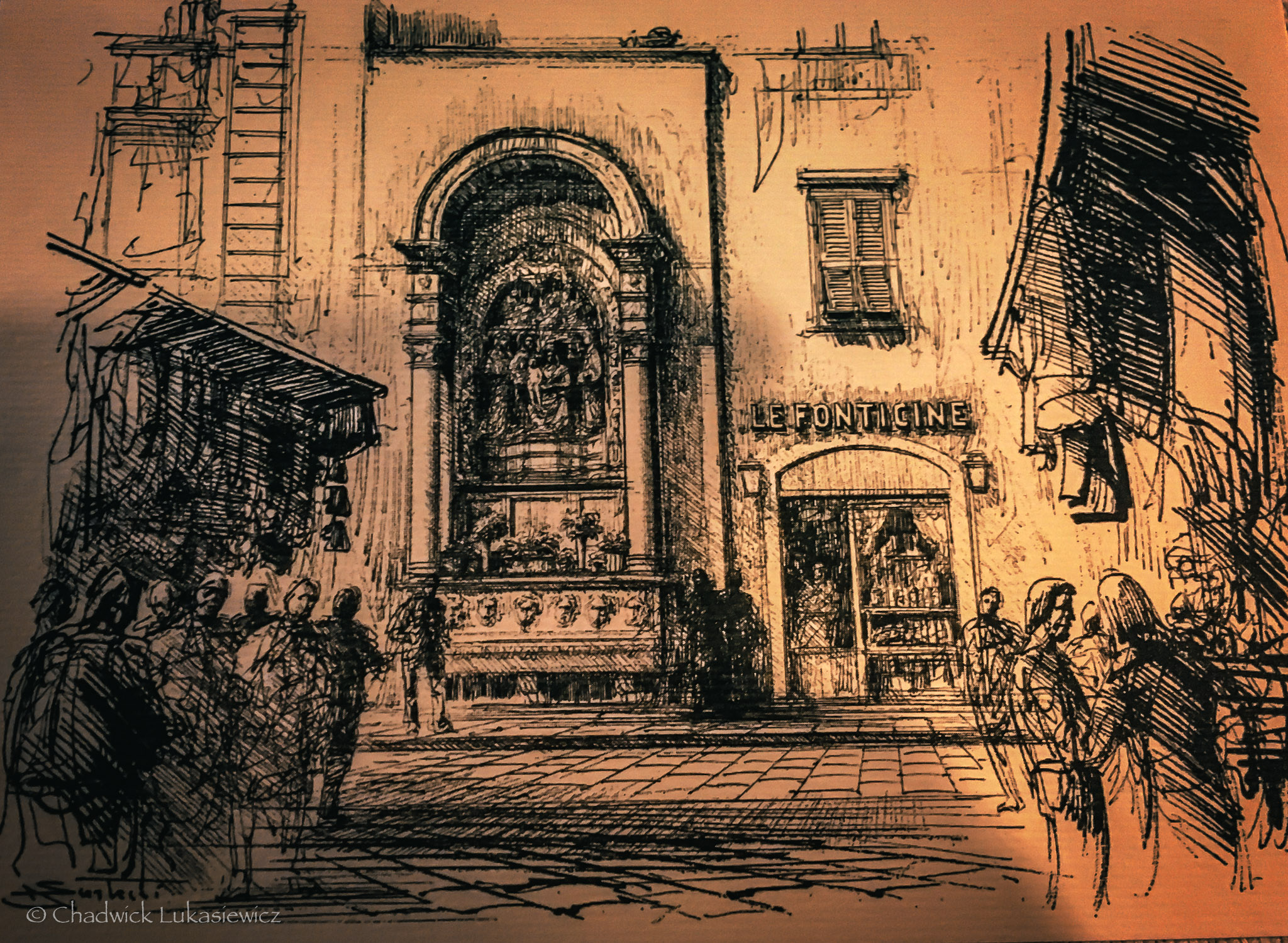 A hand-drawn illustration of Le Fonticine restaurant in Florence, featuring a central shrine-like structure and surrounding buildings in a vintage style.