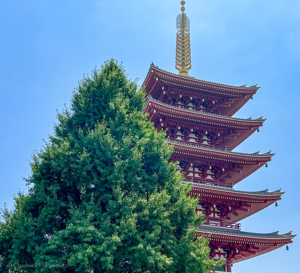 Partial view of the iconic five-story pagoda at Senso-ji Temple in Asakusa, Tokyo. The red, tiered structure rises behind a lush green tree under a bright, clear blue sky. The intricate pagoda roof lines and golden spire contrast with the vibrant greenery in the foreground, showcasing a blend of natural beauty and traditional Japanese architecture.