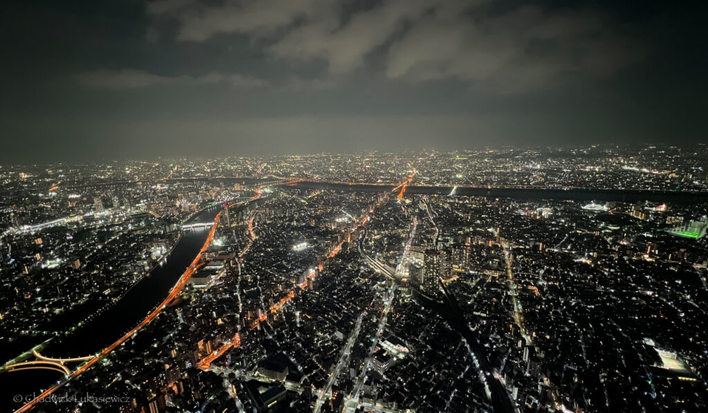 Aerial nighttime view of Tokyo from the Tokyo Skytree, showcasing an expansive cityscape illuminated by countless city lights stretching to the horizon. The Sumida River winds through the scene, with bridges and highways glowing in orange and white lights, creating striking lines across the densely packed buildings. The sky above is cloudy, adding a dramatic ambiance to the sprawling urban landscape below. The vast array of lights highlights Tokyo’s scale and vibrancy, capturing the city’s energy at night.