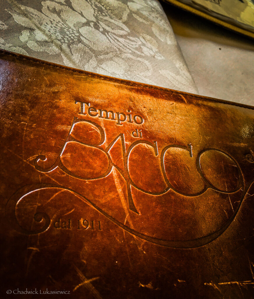 A close-up view of a textured leather menu embossed with the words “Tempio di Bacco dal 1911,” showcasing elegant, flowing typography. The warm brown tones of the leather create a vintage and inviting aesthetic, while the intricate floral-patterned tablecloth in the background adds a touch of refinement. The scene highlights the traditional and timeless charm of the dining experience at this establishment.