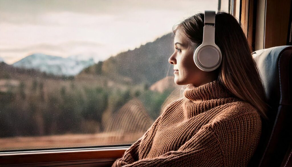 A young woman with long brown hair, wearing white over-ear headphones and a cozy brown knit sweater, gazes out of a train window at snow-capped mountains and forested hills in the distance. The soft, natural lighting enhances the serene and contemplative mood of the scene, perfect for illustrating peaceful travel moments.