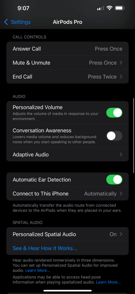 Apple iPhone AirPods Pro settings showing call controls with options to answer calls (Press Once), mute/unmute (Press Once), and end calls (Press Twice). Audio options include ‘Personalized Volume’ turned on, ‘Conversation Awareness’ toggled off, and ‘Automatic Ear Detection’ enabled. Spatial Audio settings show ‘Personalized Spatial Audio’ turned on, with a link to learn more about its features.