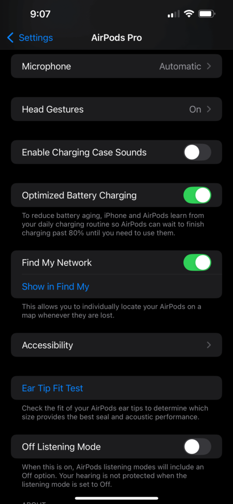 Apple iPhone AirPods Pro settings showing call controls with options to answer calls (Press Once), mute/unmute (Press Once), and end calls (Press Twice). Audio options include ‘Personalized Volume’ turned on, ‘Conversation Awareness’ toggled off, and ‘Automatic Ear Detection’ enabled. Spatial Audio settings show ‘Personalized Spatial Audio’ turned on, with a link to learn more about its features.