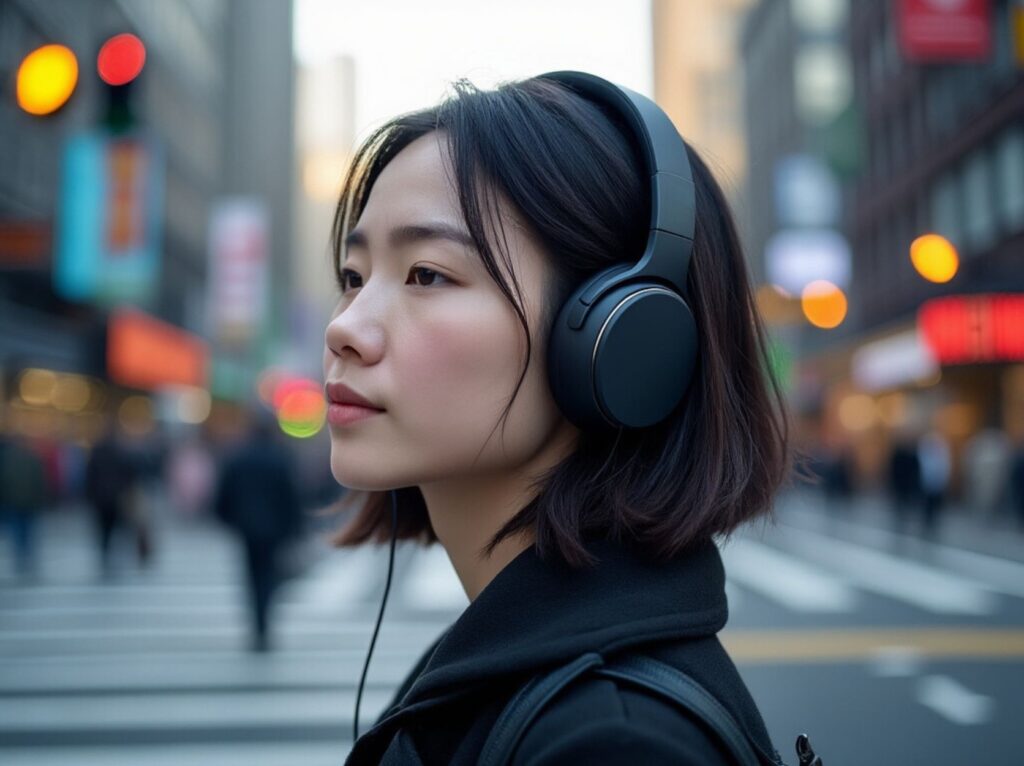 A young woman with shoulder-length dark hair wearing black over-ear noise-cancelling headphones stands in a bustling city street at dusk, surrounded by blurred lights and neon signs. She gazes forward calmly, with the vibrant urban environment creating a dynamic yet serene atmosphere