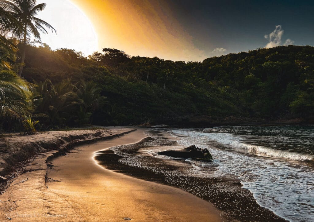 A golden-hour sunset over Batibou Beach in Dominica, with soft waves, lush greenery, and a tranquil shoreline.