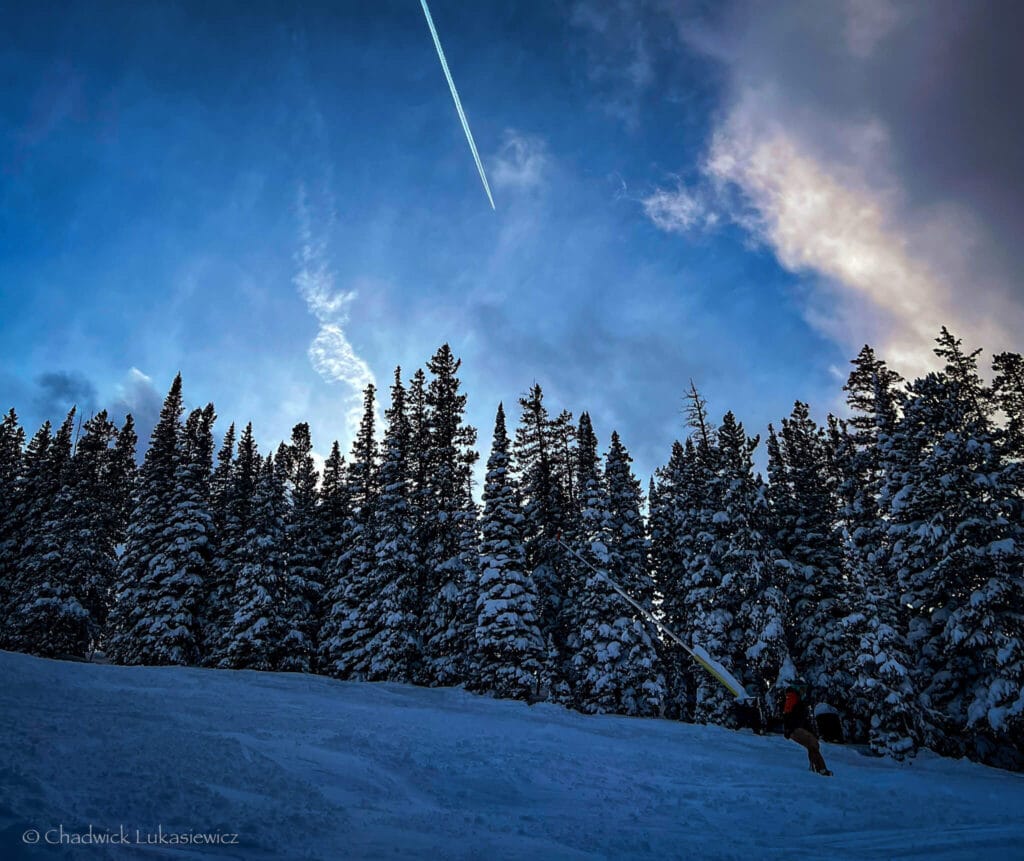 Snow-laden evergreens near Cold King off Peak 8 SuperConnect, a quiet spot at Breckenridge for mindful, neurodivergent-friendly skiing.