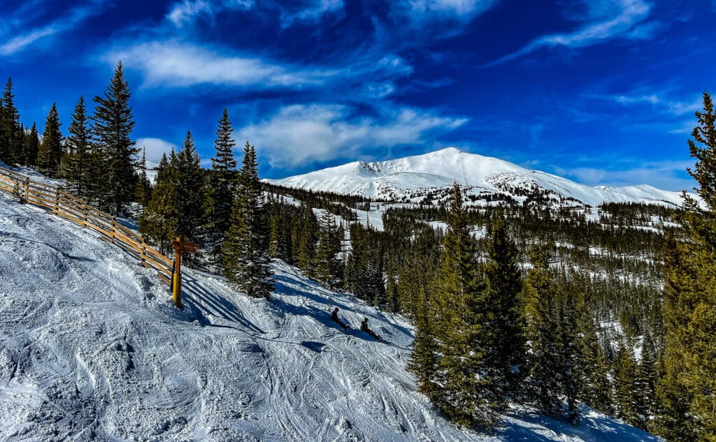 Peak 10 summit viewed from Falcon SuperChair at Breckenridge, a quiet area offering wide-open runs and peaceful terrain.