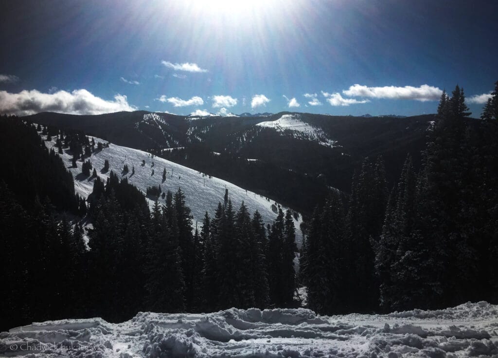 Sunlit vantage of the Sun Up & Sun Down Bowls, a quiet sanctuary at Vail Ski Resort in Colorado