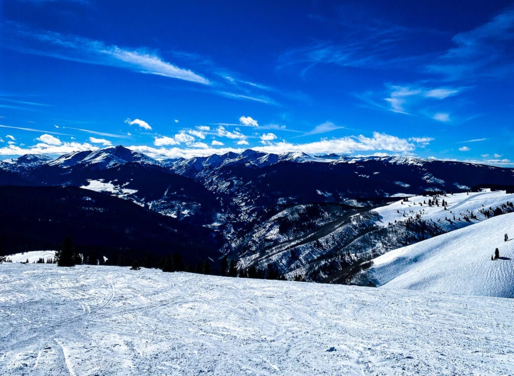 Panoramic winter view from Wildwood at Vail, an uncrowded vantage for neurodivergent-friendly skiing and quiet runs in Colorado.